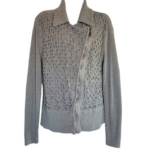 White House Black Market Moto Style Full Zip Gray Ribbed Collared Sweater L